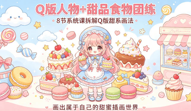 Q版人物+甜品食物团练，8节系统课拆解Q版甜系画法，画出属于自己的甜蜜插画世界-90网_网创项目平台_网络项目资源网-90wang.com